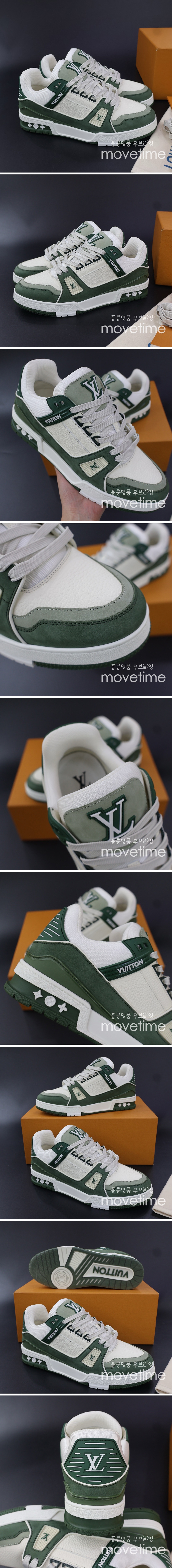 [홍콩명품.LOUIS VUITTON] 루이비통 24SS 로고 모노그램 트레이너 스니커즈 운동화 (화이트-그린), SE3186, PMD, 명품스니커즈,운동화,구두,로퍼,하이탑,신발