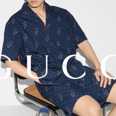 [홍콩명품.Gucci] 구찌 25SS 로고 패턴 반팔 남방 셔츠 + 쇼츠 반바지 상하의 세트 (블루), BM19633, KB, 홍콩명품의류,구매대행,온라인명품