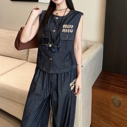 [홍콩명품,MIU MIU] 미우미우 25SS 로고 여성 데님 조끼 베스트 + 데님 팬츠 진 청바지 상하의 세트, BM20086, CC, 홍콩명품의류,구매대행,온라인명품
