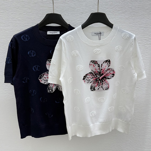 [홍콩명품.Valentino] 발렌티노 25SS 로고 여성 플라워 패턴 니트 반팔 티셔츠 (2컬러), BM20593, GBG, 홍콩명품의류,구매대행,온라인명품