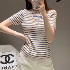 [홍콩명품.CHANEL] 샤넬 25SS 로고 여성 스트라이프 슬림핏 반팔 티셔츠 (핑크), BM21115, PG, 홍콩명품의류,구매대행,온라인명품