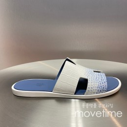 [홍콩명품.Hermes] 에르메스 25SS 로고 이즈미르 레더 가죽 슬리퍼 (화이트-블루), SE5229, GHS, 명품스니커즈,운동화,구두,로퍼,하이탑,신발