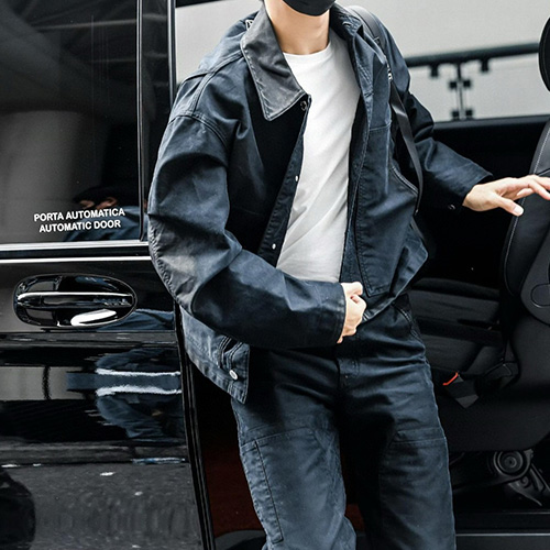 [홍콩명품,PRADA] 프라다 25SS 삼각로고 데님 카라 자켓 + 오버핏 데님 팬츠 진 청바지 상하의 세트 (네이비), BM21276, JL, 명품레플리카,미러급,온라인쇼핑몰사이트