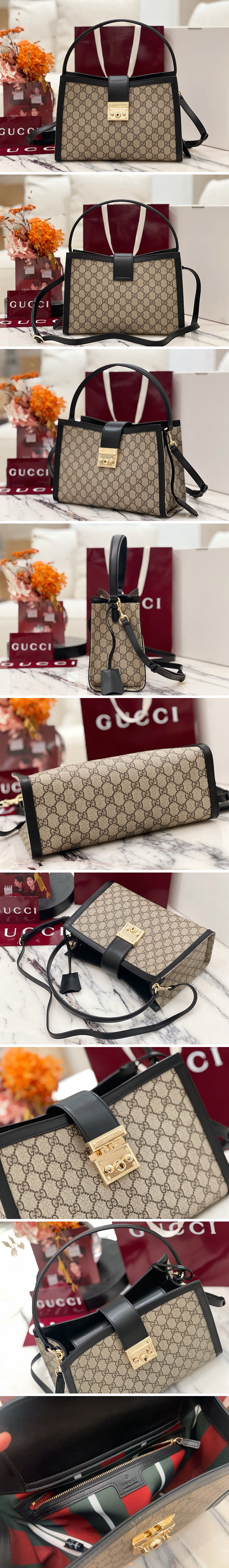 [홍콩명품.Gucci] 구찌 25SS 로고 패드록 탑 핸들 핸드백 베이지 블랙 GG 패브릭 838991, BGM5040, GU2, 홍콩명품가방,명품쇼핑몰,크로스백,핸드백,구매대행