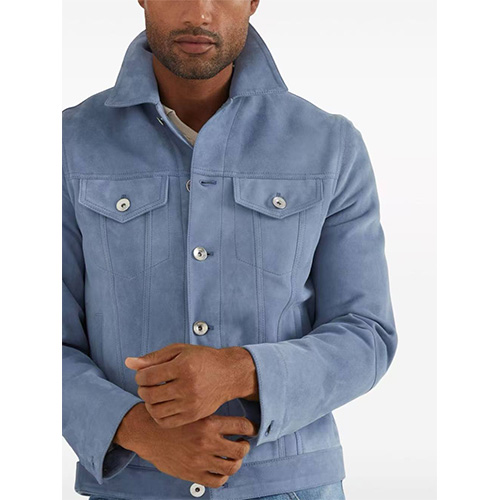 [홍콩명품.Brunello Cucinelli ] 브루넬로 쿠치넬리 25SS 로고 레더 가죽 카라 자켓 (스카이블루), BM22077, TOM, 레플리카의류,미러급사이트