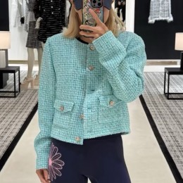 [가격문의][홍콩명품.CHANEL] 샤넬 25SS 로고 여성 라운드넥 트위드 자켓 (스카이블루), BM22188, SS, 레플리카의류,미러급사이트