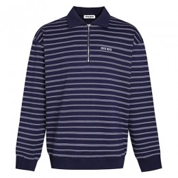 [홍콩명품,MIU MIU] 미우미우 25SS 로고 스트라이프 하프지퍼 카라 니트 스웨터 (네이비), BM22293, KK, 레플리카의류,미러급사이트