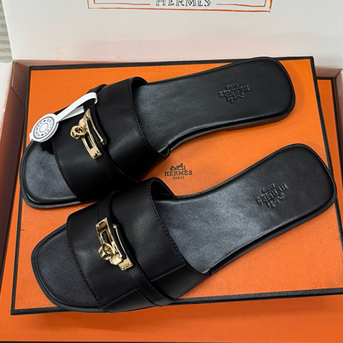 [홍콩명품.Hermes] 에르메스 25SS 로고 여성 레더 가죽 샌들 슬리퍼 (블랙-금장), SE5620, 명품스니커즈,운동화,구두,로퍼,하이탑,신발