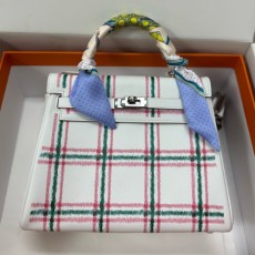 [홍콩명품.Hermes] 에르메스 25SS 로고 Kelly 25 Tartan Light  토트백 핸드백 (화이트-은장), BGM5233, 홍콩명품가방,명품쇼핑몰,크로스백,핸드백,구매대행
