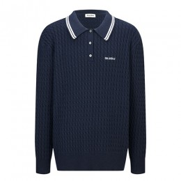 [홍콩명품,MIU MIU] 미우미우 25SS 로고 자수 카라 니트 스웨터 (네이비), BM22725, JL, 레플리카의류,미러급사이트