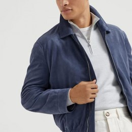 [홍콩명품.Brunello Cucinelli ] 브루넬로 쿠치넬리 25SS 로고 레더 가죽 카라 봄버 자켓 (블루), BM22798, TOM, 레플리카의류,미러급사이트