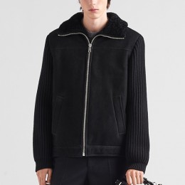 [홍콩명품,PRADA] 프라다 25SS 로고 레더 가죽 레이어드 카라 봄버 자켓 (블랙), BM22832, TOM, 레플리카의류,미러급사이트