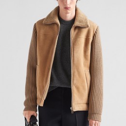 [홍콩명품,PRADA] 프라다 25SS 로고 레더 가죽 레이어드 카라 봄버 자켓 (카라멜), BM22833, TOM, 레플리카의류,미러급사이트