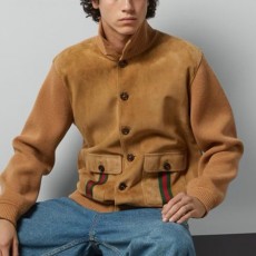 [홍콩명품.Gucci] 구찌 25SS 로고 레더 가죽 캐시미어 레이어드 하이넥 봄버 자켓 (카라멜), BM22836, TOM, 레플리카의류,미러급사이트