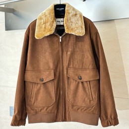 [홍콩명품,MIU MIU] 미우미우 25SS 로고 여성 퍼카라 레더 가죽 솜패딩 봄버 자켓 (브라운), BM22992, KB, 레플리카의류,미러급사이트