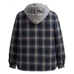 [홍콩명품.CELINE] 셀린느 25SS 로고 체크패턴 울 후드 솜패딩 남방 셔츠 (네이비), BM23159, JL, 레플리카의류,미러급사이트