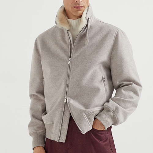 [홍콩명품.Brunello Cucinelli ] 브루넬로 쿠치넬리 25SS 로고 시어링 울 캐시미어 봄버 자켓 (그레이), BM23243, PG, 레플리카의류,미러급사이트