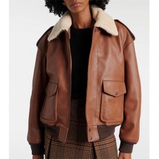 [홍콩명품.YSL] 입생로랑 25SS 로고 여성 시어링 레더 가죽 봄버 자켓 (브라운), BM23248, PG, 레플리카의류,미러급사이트