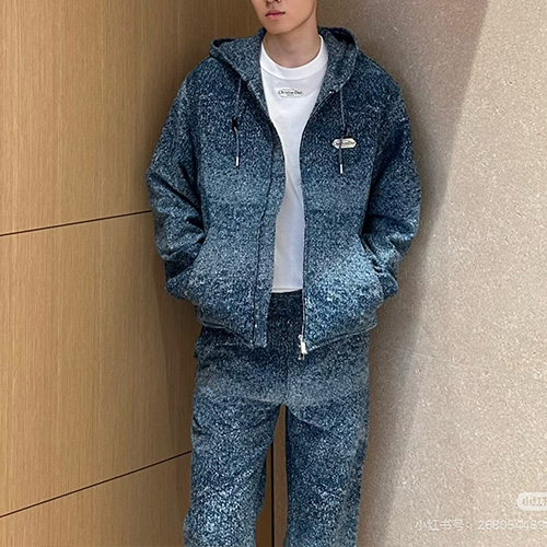 [홍콩명품,Christian Dior] 디올 25SS 로고 울 후드 집업 자켓 + 오버핏 팬츠 바지 상하의 세트 (블루), BM23425, KB, 레플리카의류,미러급사이트