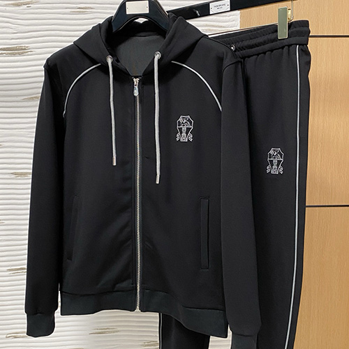 [홍콩명품.Brunello Cucinelli ] 브루넬로 쿠치넬리 25SS 로고 자수 후드 집업 자켓 + 조거 팬츠 바지 상하의 세트 (블랙), BM23519, G5, 레플리카의류,미러급사이트