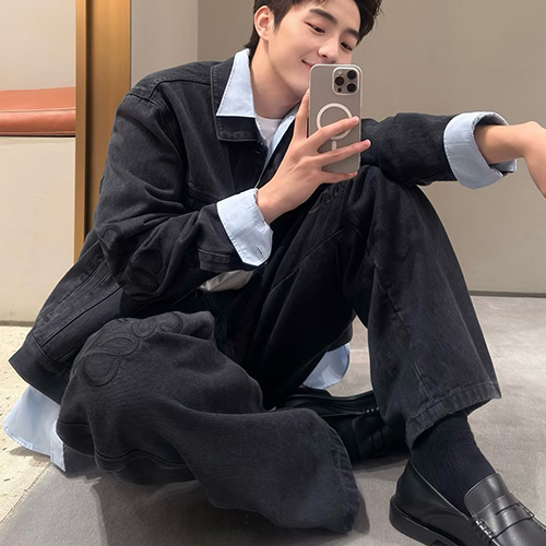 [홍콩명품.LOEWE] 로에베 25SS 로고 데님 카라 자켓 + 데님 팬츠 진 청바지 상하의 세트 (블랙), BM23559, KB, 레플리카의류,미러급사이트